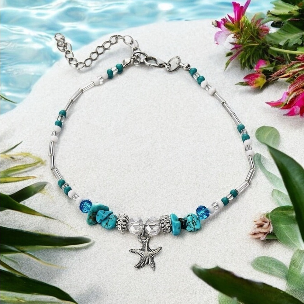 Blue/White Natural Stone Starfish Beach Anklet (new)